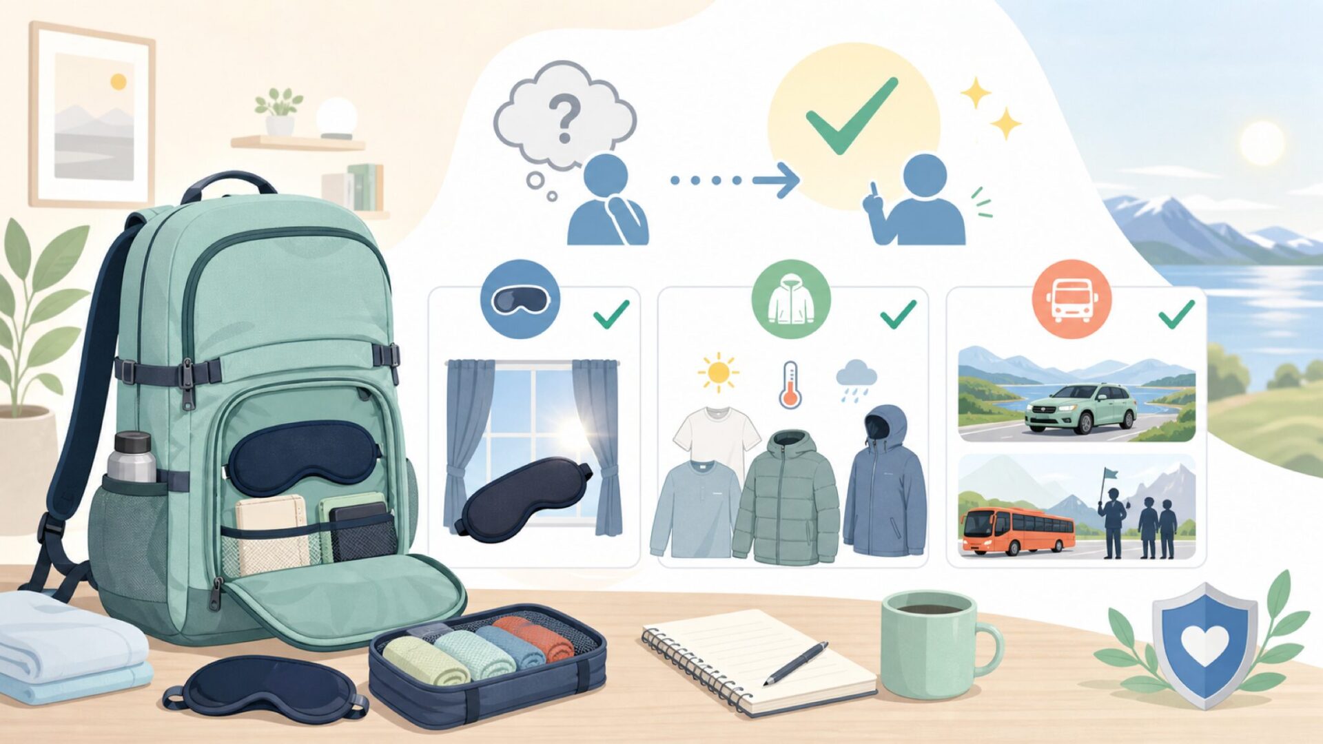 初めての白夜旅行で失敗しないための準備チェックを表すイラスト