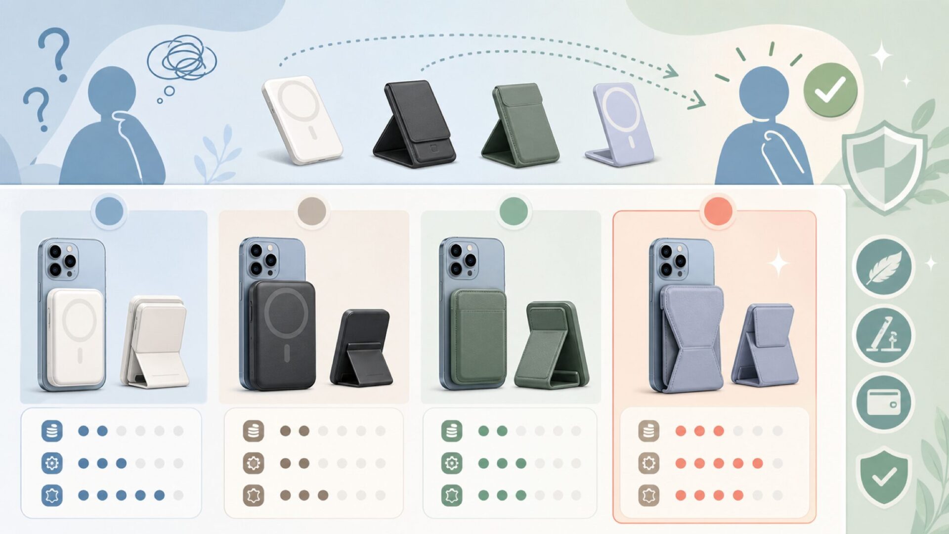 Apple純正・Anker・ESRと比較してMOFTはどこが違う？を表すイラスト