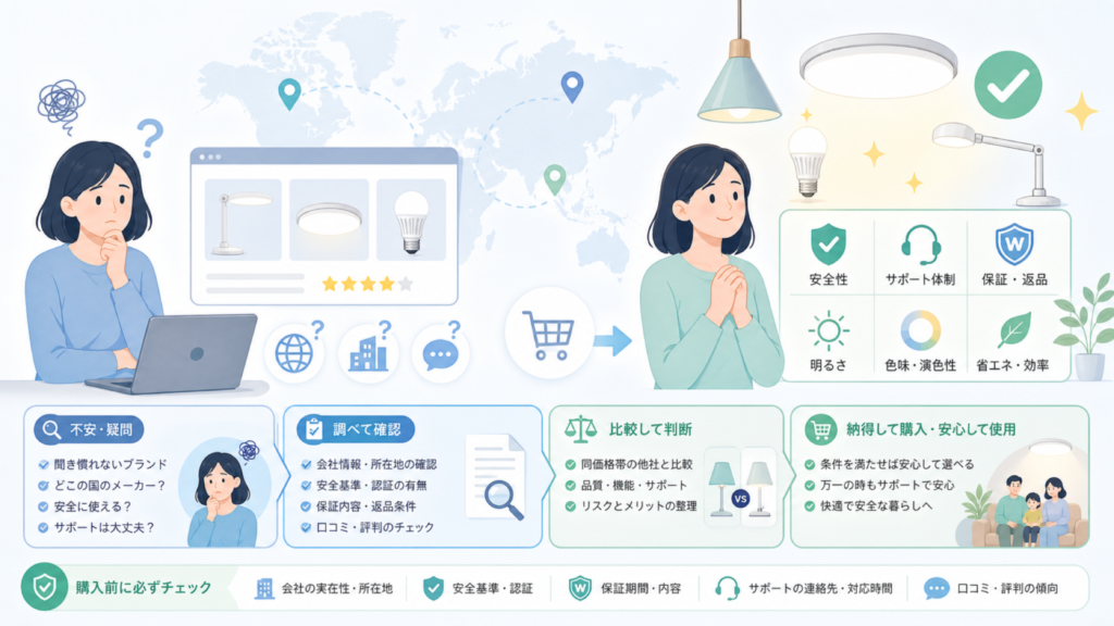 Dibuyはどこの国のメーカー？運営会社の実態と口コミを解説の要点を表すイラスト