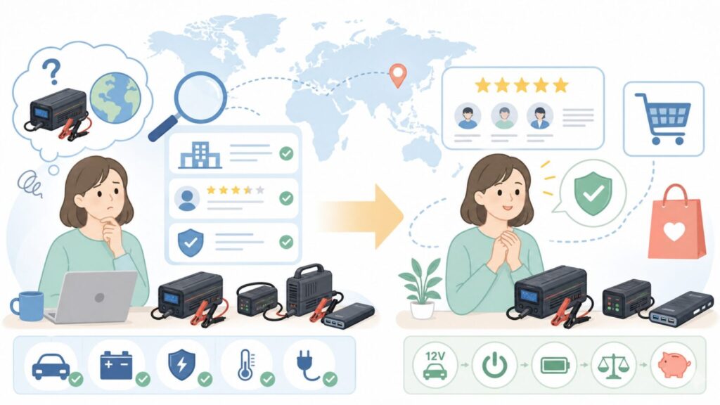 Seimituseizouはどこの国？企業情報と充電器の選び方を確認の要点を表すイラスト
