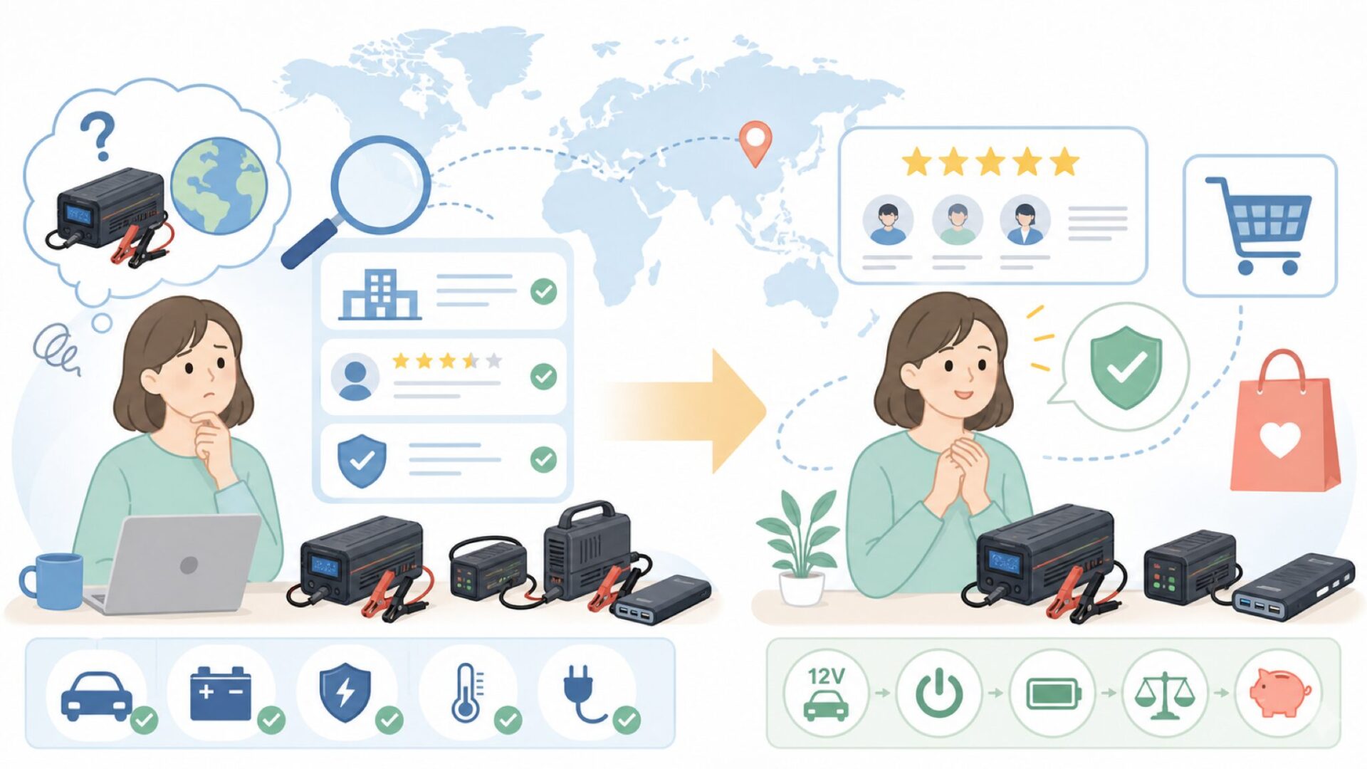 Seimituseizouはどこの国？企業情報と充電器の選び方を確認の要点を表すイラスト