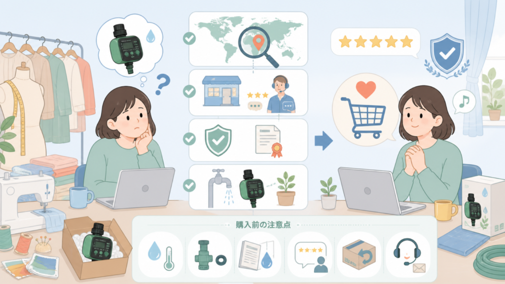 Diivoo散水タイマーはどこの国のブランド?購入前の注意点の要点を表すイラスト