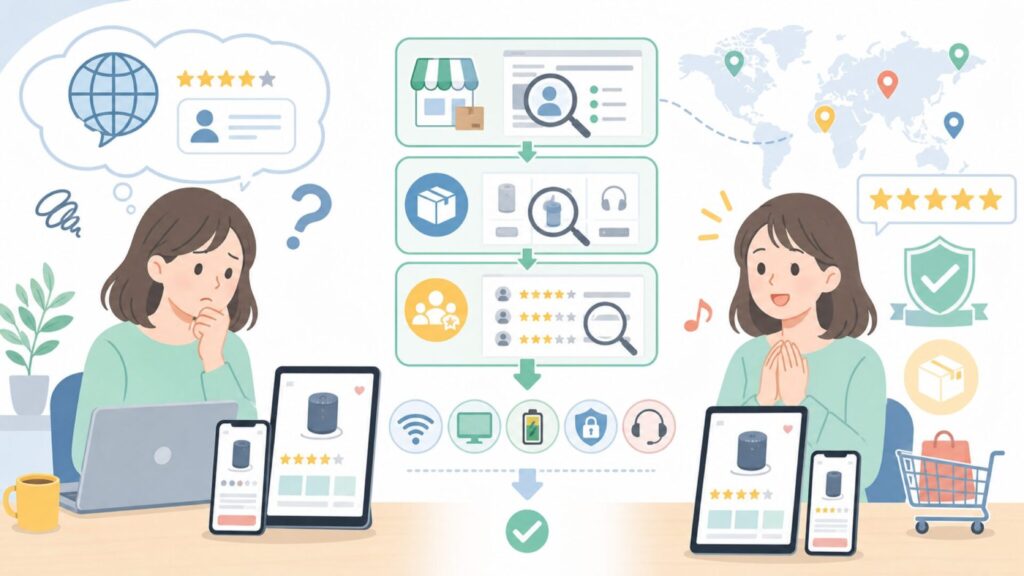 Sinessyはどこの国のブランド？不安なまま買わないための調べ方の要点を表すイラスト