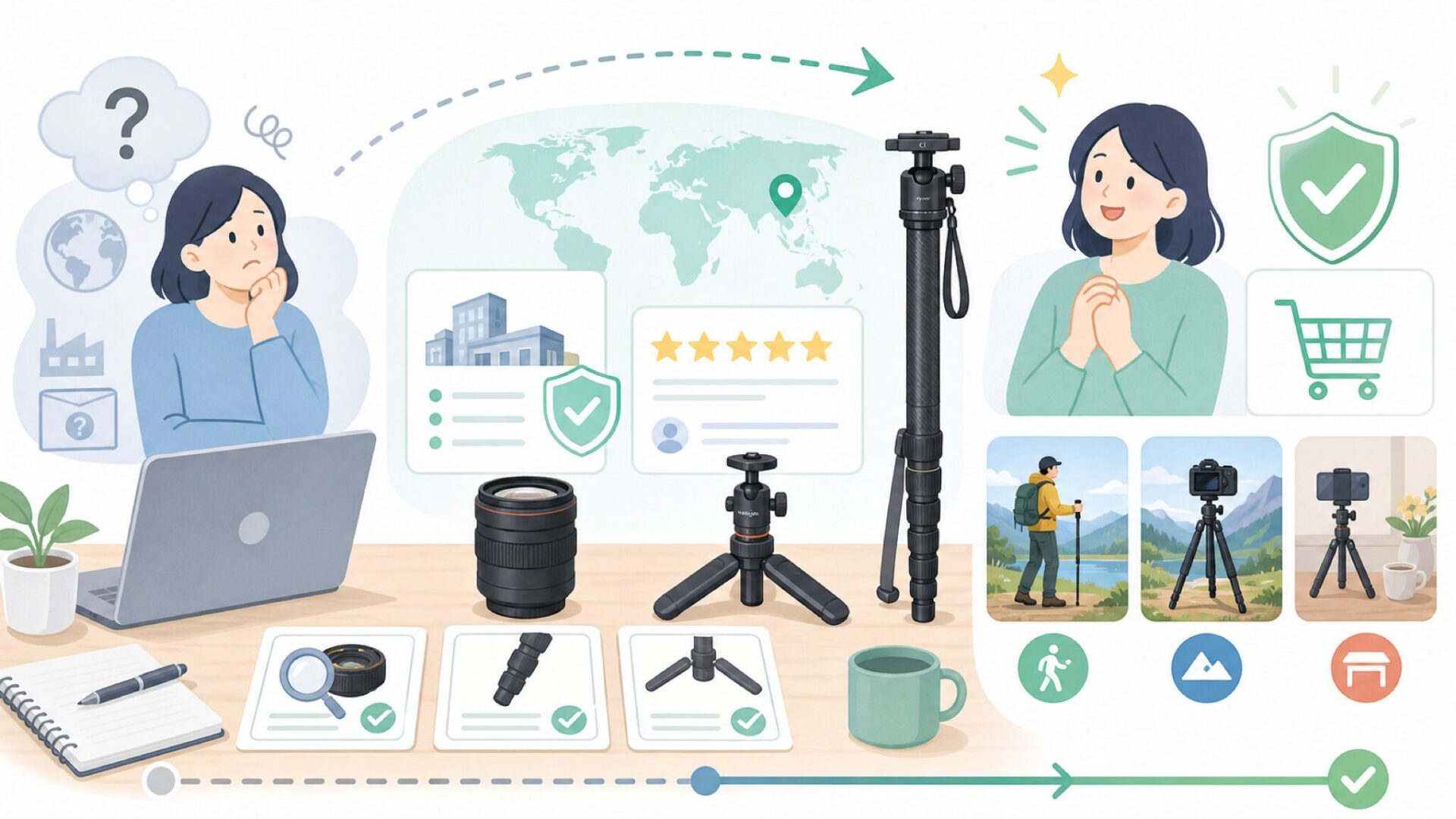 Koolehaodaはどこの国？運営会社と一脚・三脚を徹底解説の要点を表すイラスト