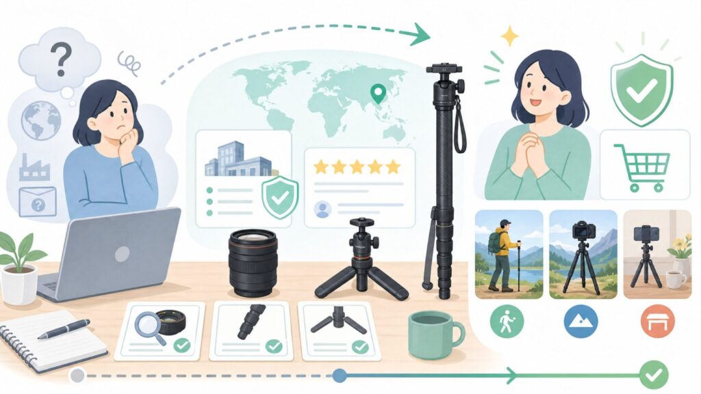 Koolehaodaはどこの国？運営会社と一脚・三脚を徹底解説の要点を表すイラスト