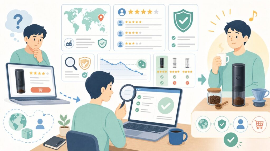 Delimoはどこの国のブランド？運営会社の実態と評判を確認の要点を表すイラスト