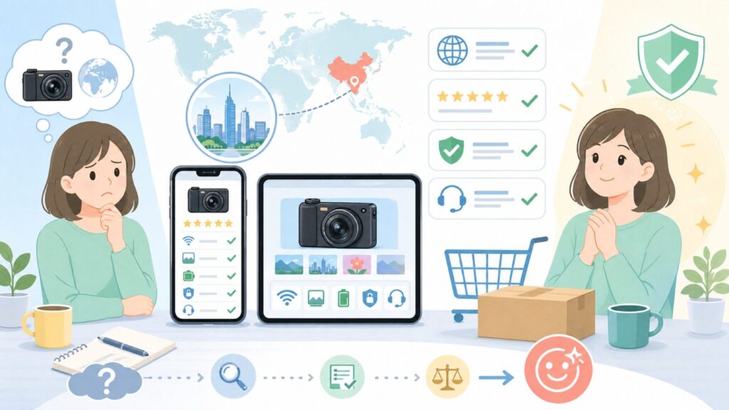 AiMikeはどこの国?企業概要とデジカメの評判・安全性を解説の要点を表すイラスト