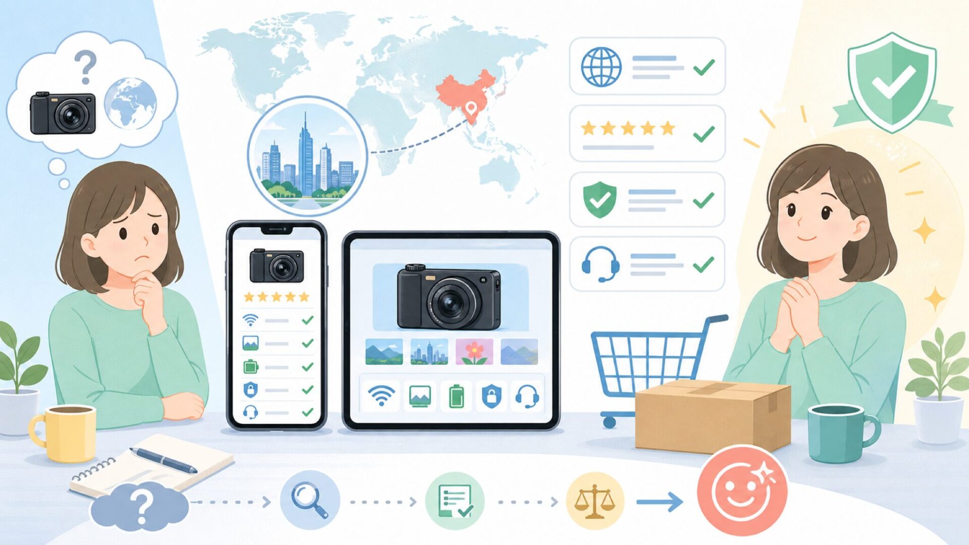 AiMikeはどこの国?企業概要とデジカメの評判・安全性を解説の要点を表すイラスト