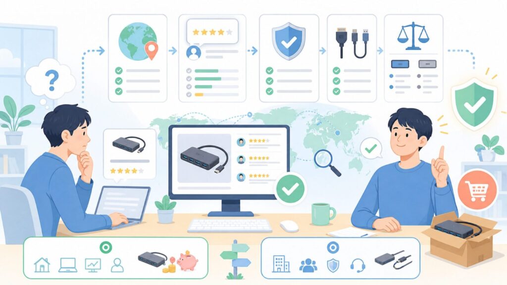 KCEVEはどこの国のブランド？購入前に知りたい信頼性チェックの要点を表すイラスト