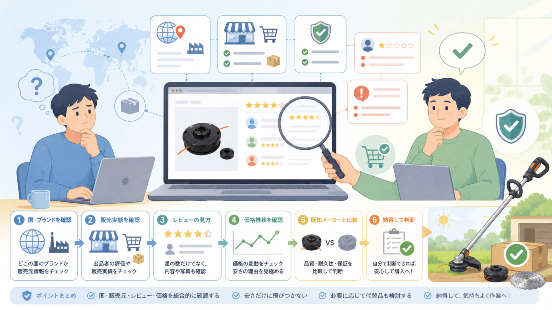Mkpharginはどこの国のブランド?価格と信頼性を確認する方法の要点を表すイラスト