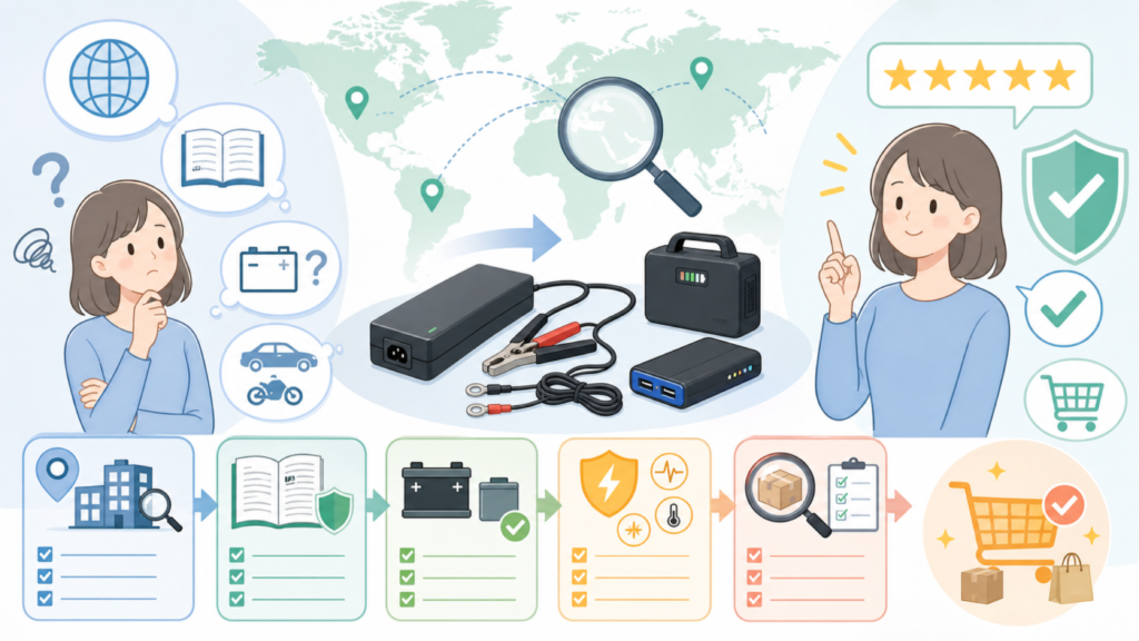 Voltstarはどこの国?12V6A充電器の安全確認ポイントの要点を表すイラスト