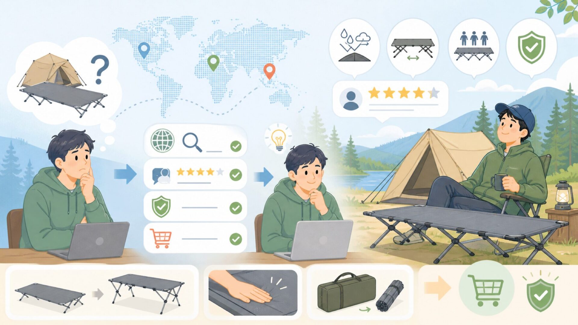 wolfyok outdoorsはどこの国?評判とコットの魅力を解説の要点を表すイラスト
