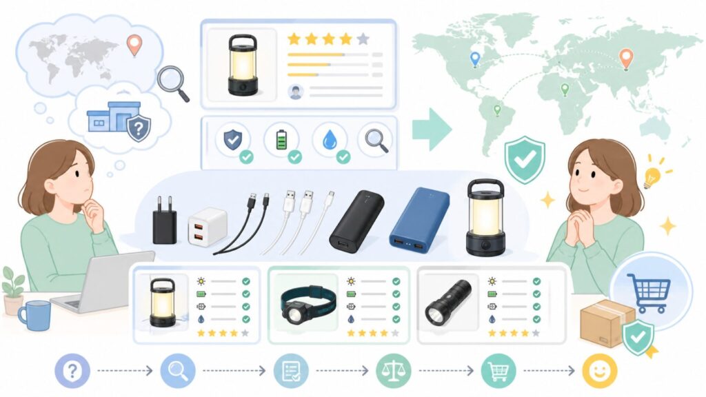 LETOURはどこの国のブランド？充電式ライトの信頼性を検証の要点を表すイラスト