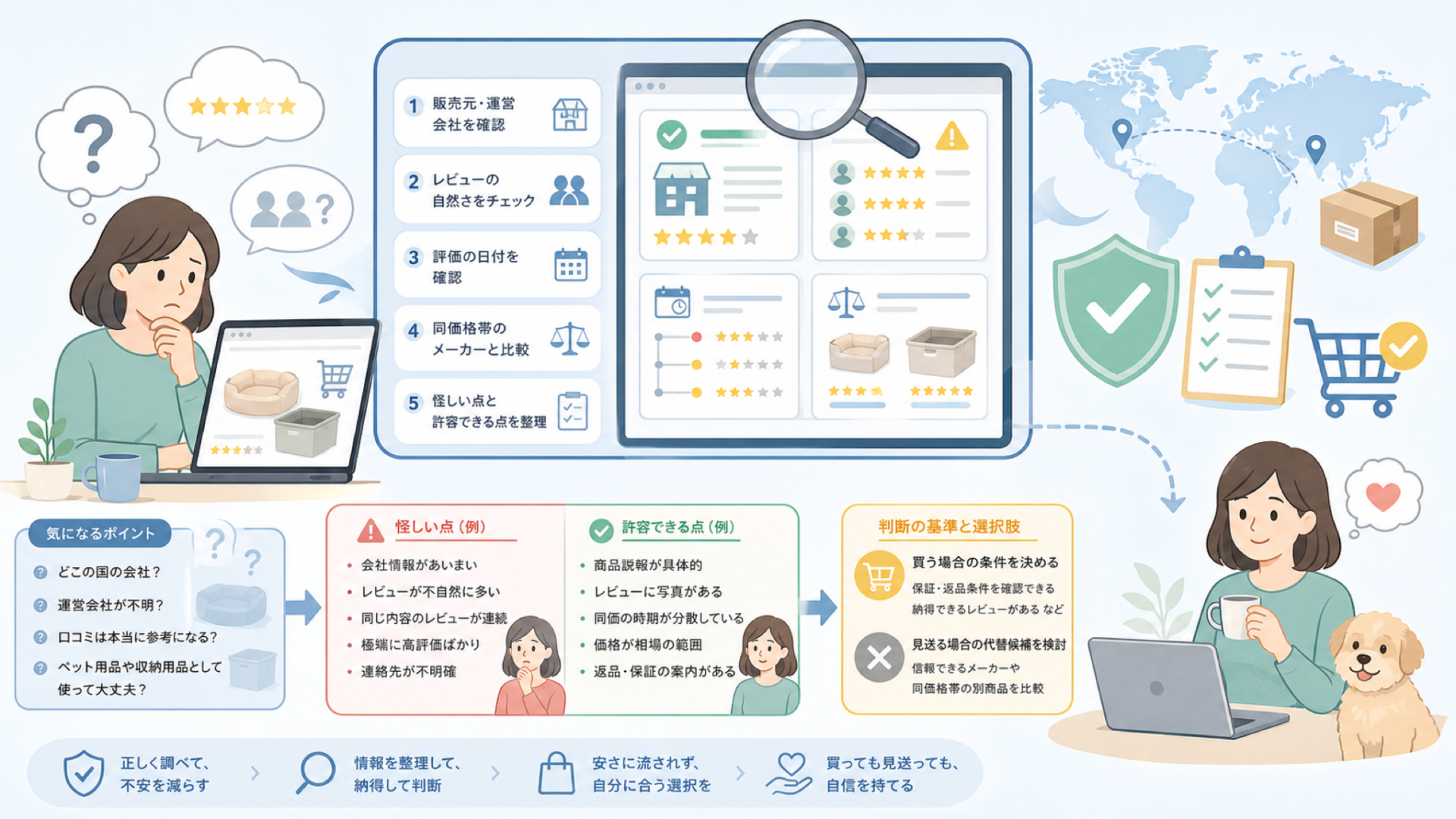 TUIYIDUOはどこの国？運営会社が不明な理由と口コミの見方の要点を表すイラスト