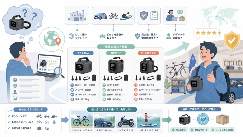 TOPUMPはどこの国のブランド？型番の違いと選び方を徹底解説の要点を表すイラスト
