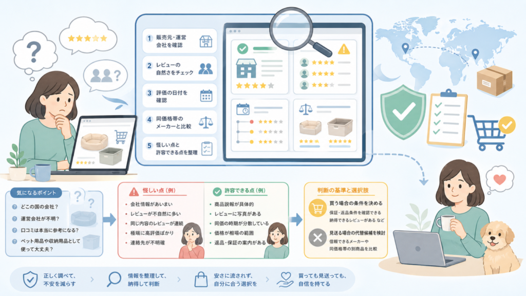 TUIYIDUOはどこの国？運営会社が不明な理由と口コミの見方の要点を表すイラスト