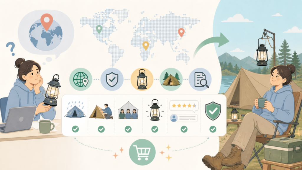 Barebones Livingはどこの国？信頼性とランタンの魅力を解説の要点を表すイラスト