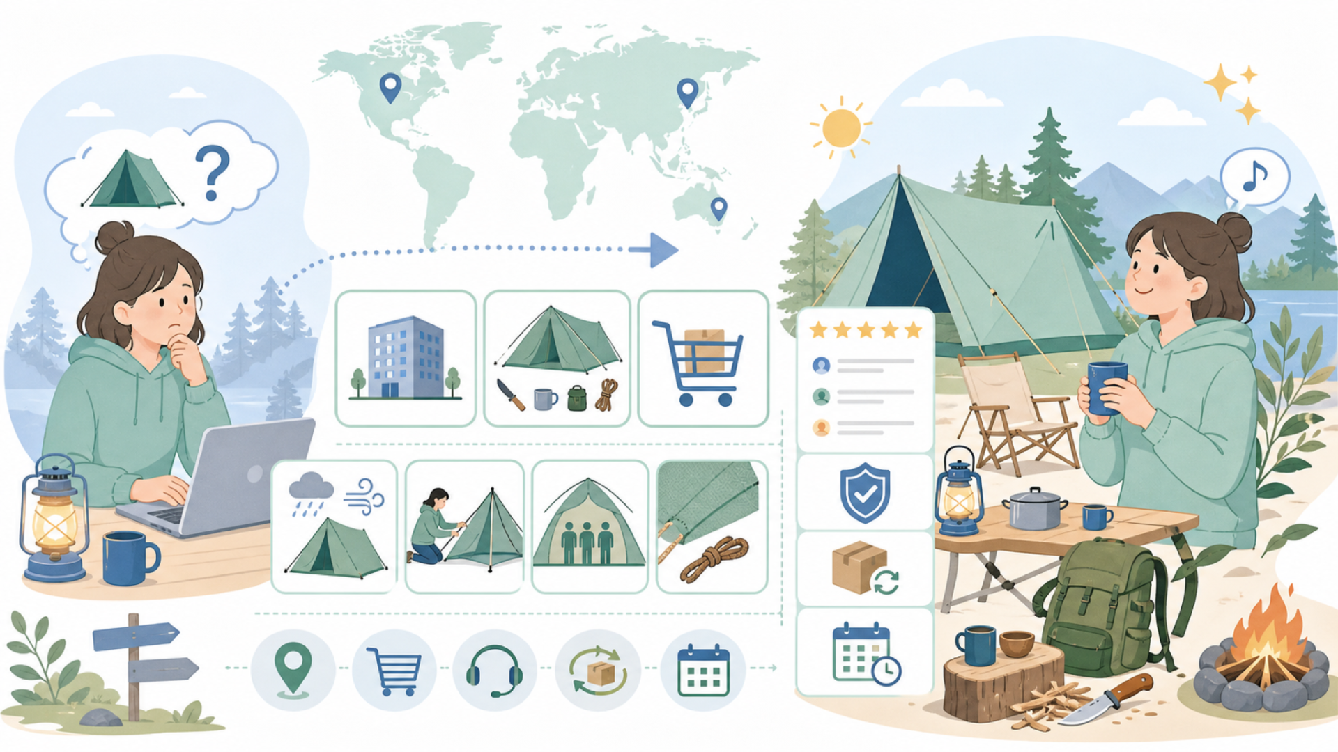 Bush Craft Inc.はどこの国？運営実態と商品を徹底調査の要点を表すイラスト