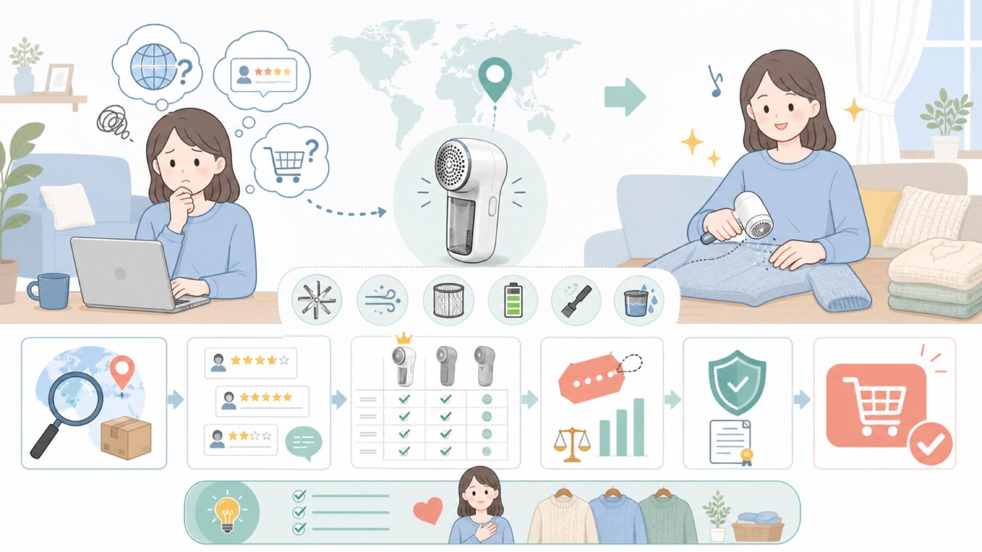 Sunytreeはどこの国?毛玉取り器の口コミと価格を検証の要点を表すイラスト