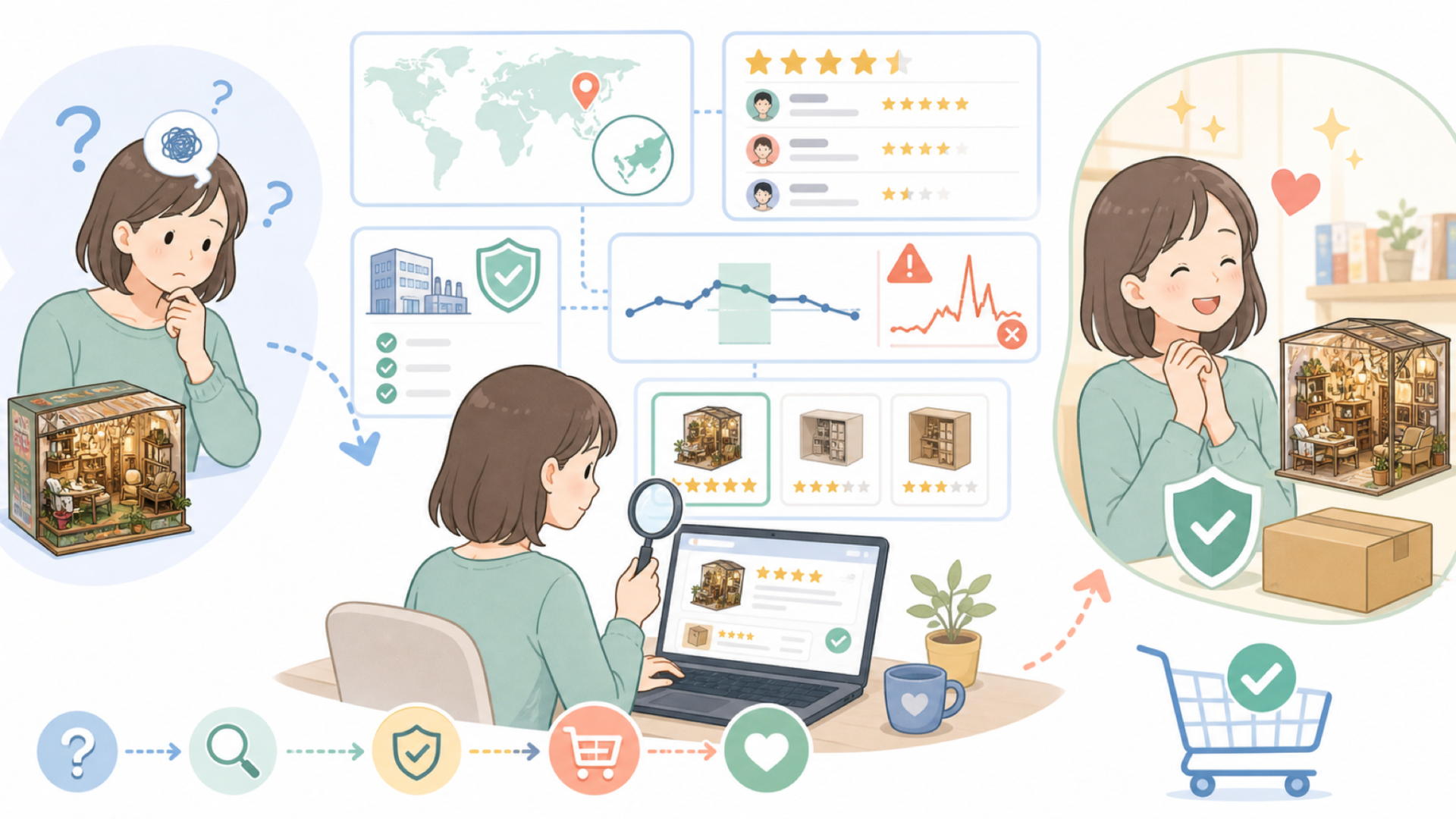 CUTEBEEはどこの国?運営会社や口コミを確認して安心購入の要点を表すイラスト