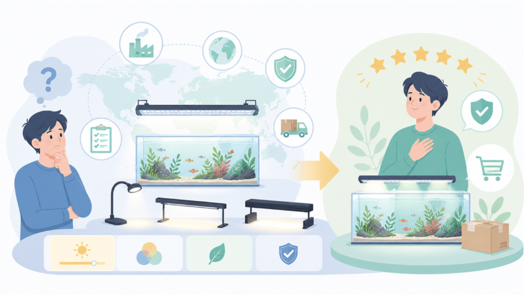 Chihiros水槽ライトはどこの国？メーカーと生産国を確認の要点を表すイラスト