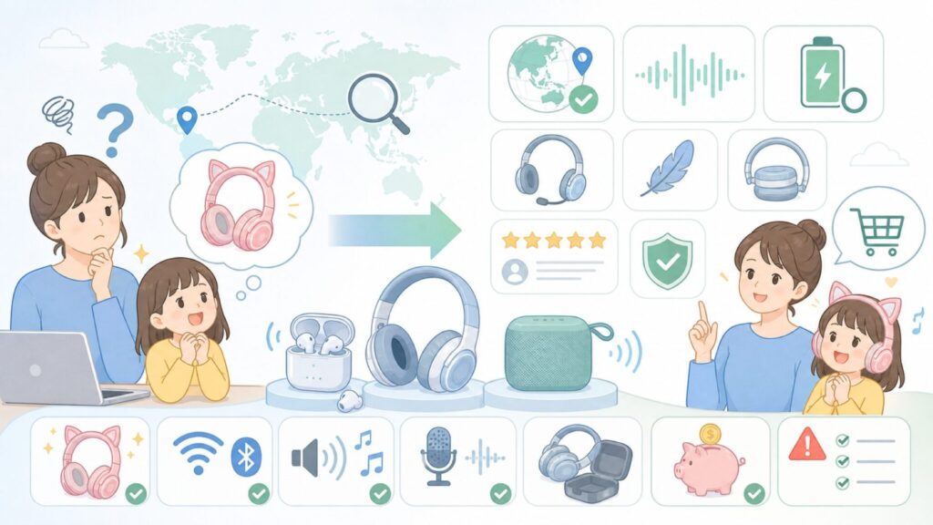 Riwboxヘッドホンどこの国？選び方と安心ポイントの要点を表すイラスト