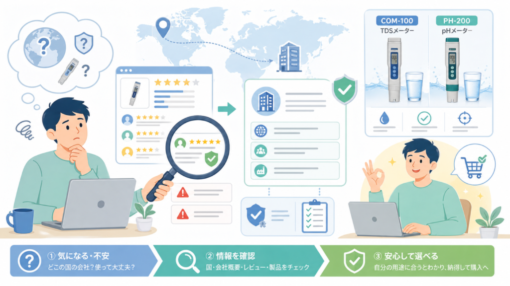 HM Digitalはどこの国?会社概要と代表製品COM-100を確認の要点を表すイラスト