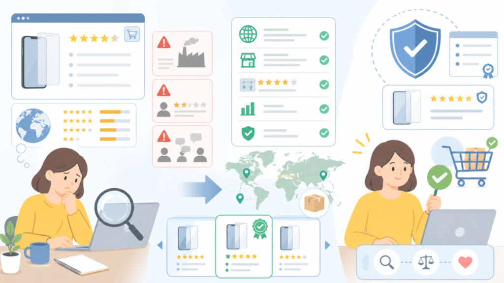 RuiMiはどこの国？運営会社と信頼できるメーカーの見分け方の要点を表すイラスト