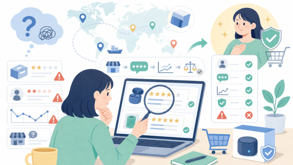 RUSUOはどこの国のブランド?運営会社不明の理由と購入前チェックの要点を表すイラスト