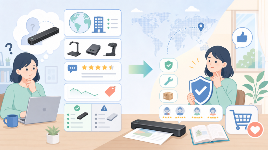 iCODISはどこの国の会社？スキャナー評判と信頼度を解説の要点を表すイラスト