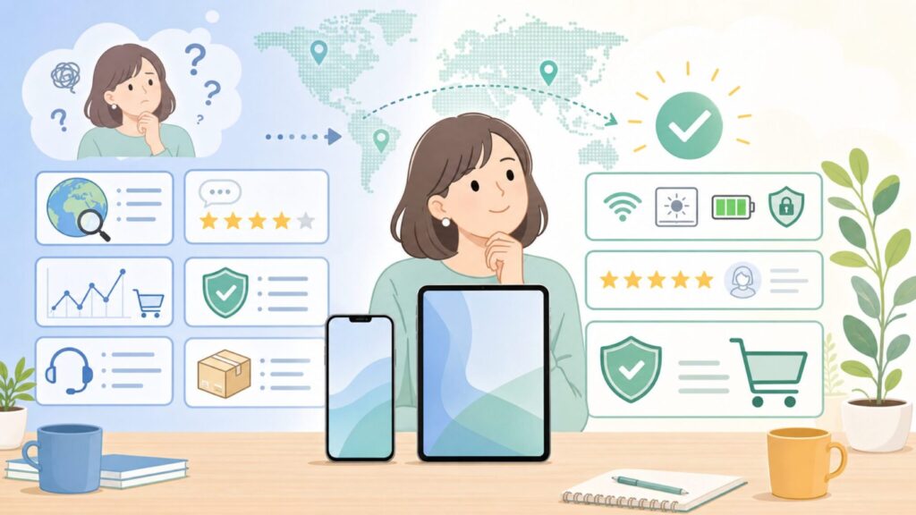 Goresonはどこの国のブランド？怪しさと信頼性を購入前に確認の要点を表すイラスト