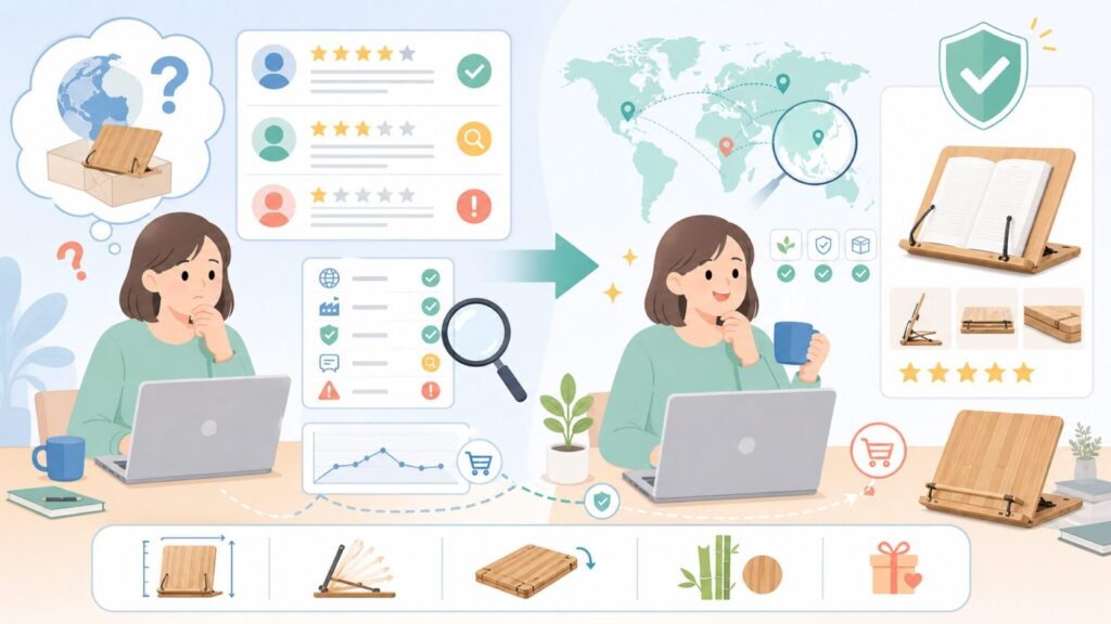 Reodoeerどこの国？ブランドの信頼性とブックスタンドの実力を検証の要点を表すイラスト