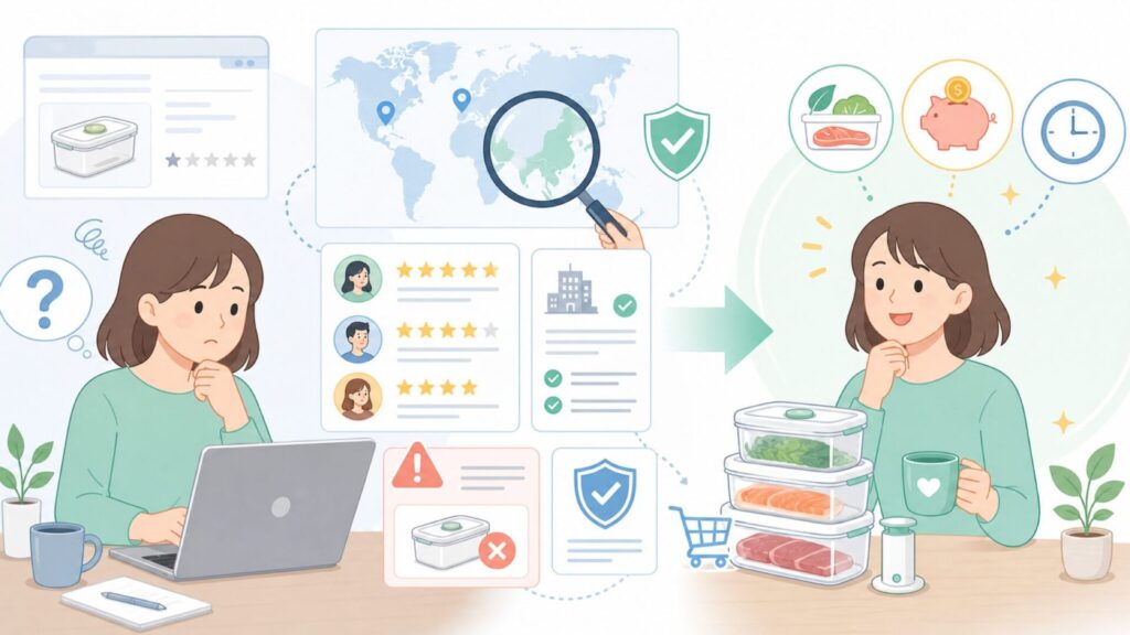 VAKUENはどこの国？運営会社の実態とデメリット・口コミを徹底解説の要点を表すイラスト