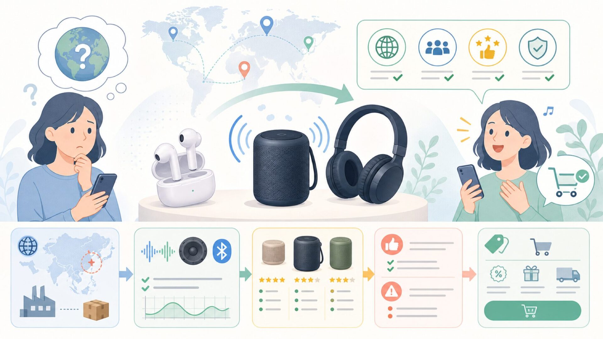 BESTISANはどこの国のスピーカー？音質・価格・買い方まとめの要点を表すイラスト