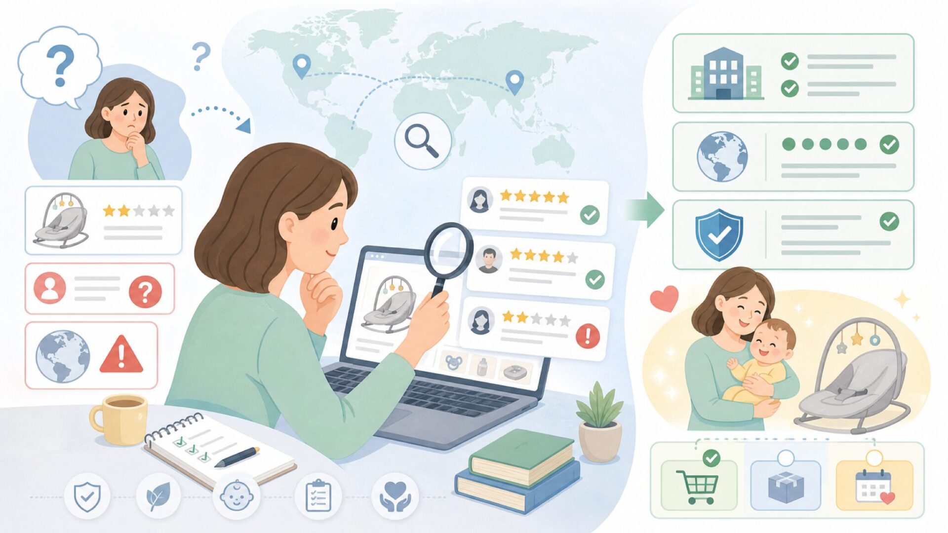 LARUTANはどこの国?ブランドの運営会社と信頼性を徹底調査の要点を表すイラスト