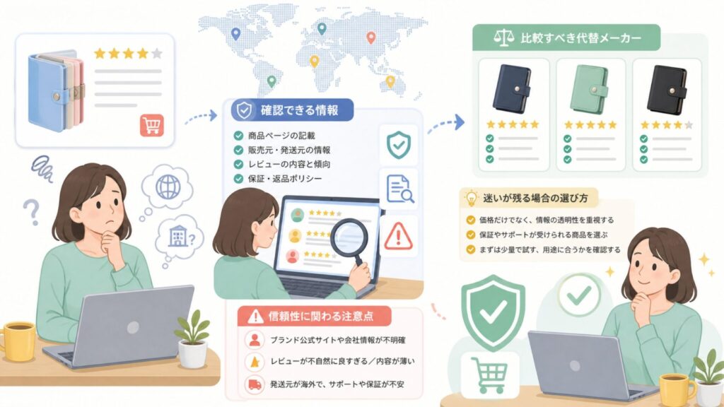 Anboliはどこの国のブランド?信頼性と代替メーカーを確認の要点を表すイラスト