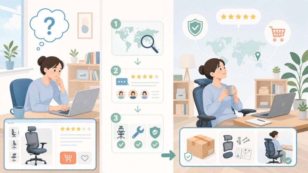Readaeerはどこの国のブランド?購入前に見極める3つの視点の要点を表すイラスト