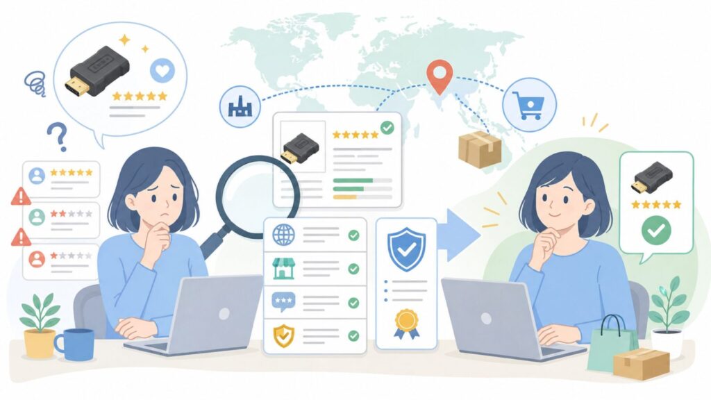 WMYCONGCONGはどこの国?運営実態・口コミ・価格の確認ポイントの要点を表すイラスト