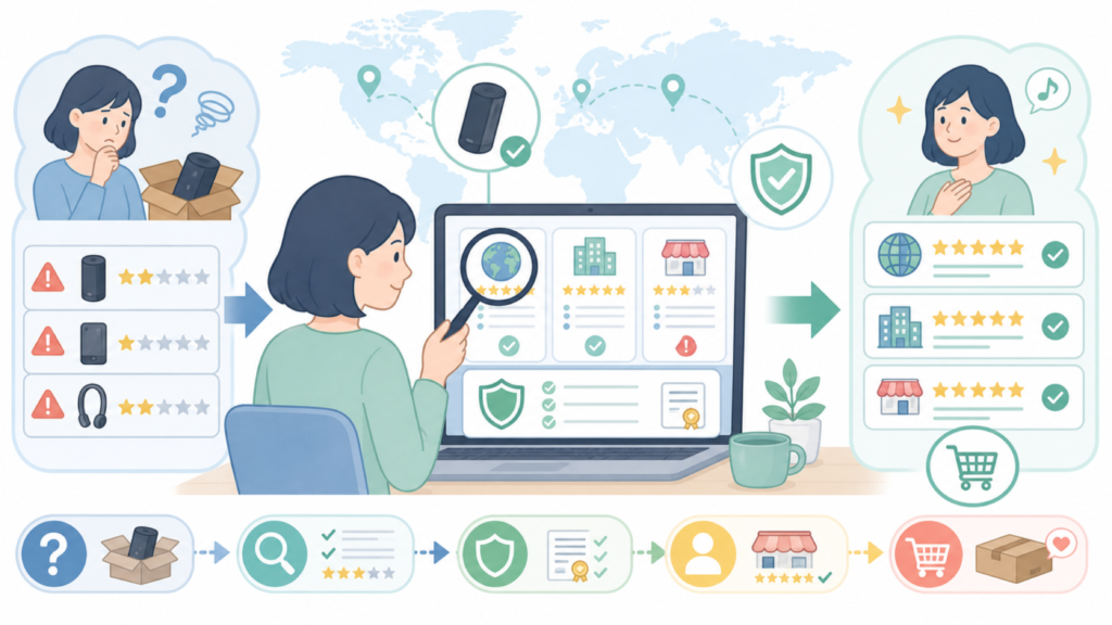 REENEWはどこの国のブランド？運営会社と購入前チェック法の要点を表すイラスト