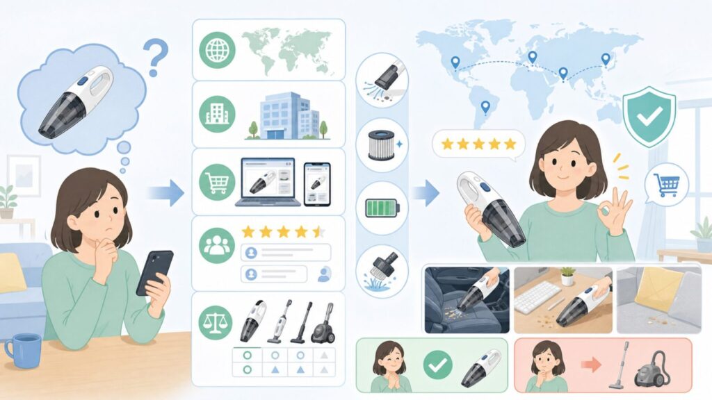 Svokoはどこの国のメーカー?運営会社・評判・販売店を確認の要点を表すイラスト