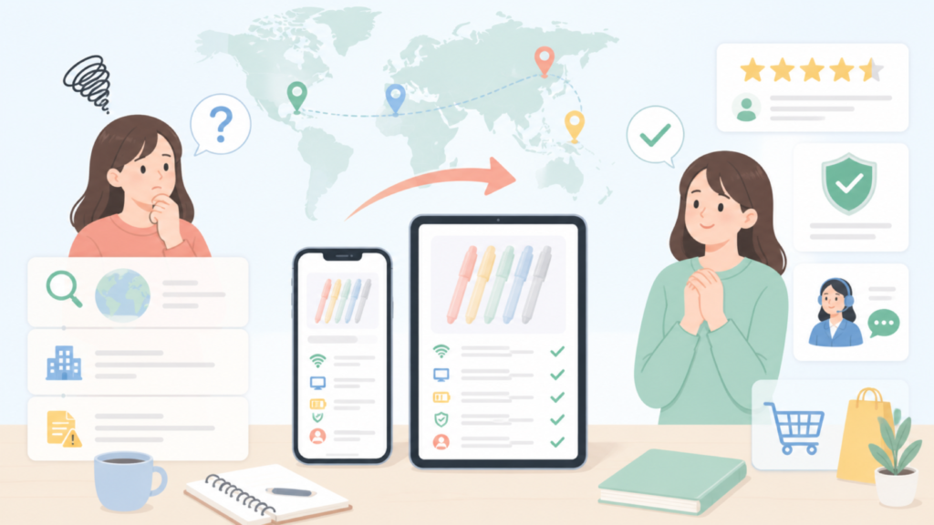 ENMYはどこの国のブランド?運営会社と安全性を確認する方法の要点を表すイラスト
