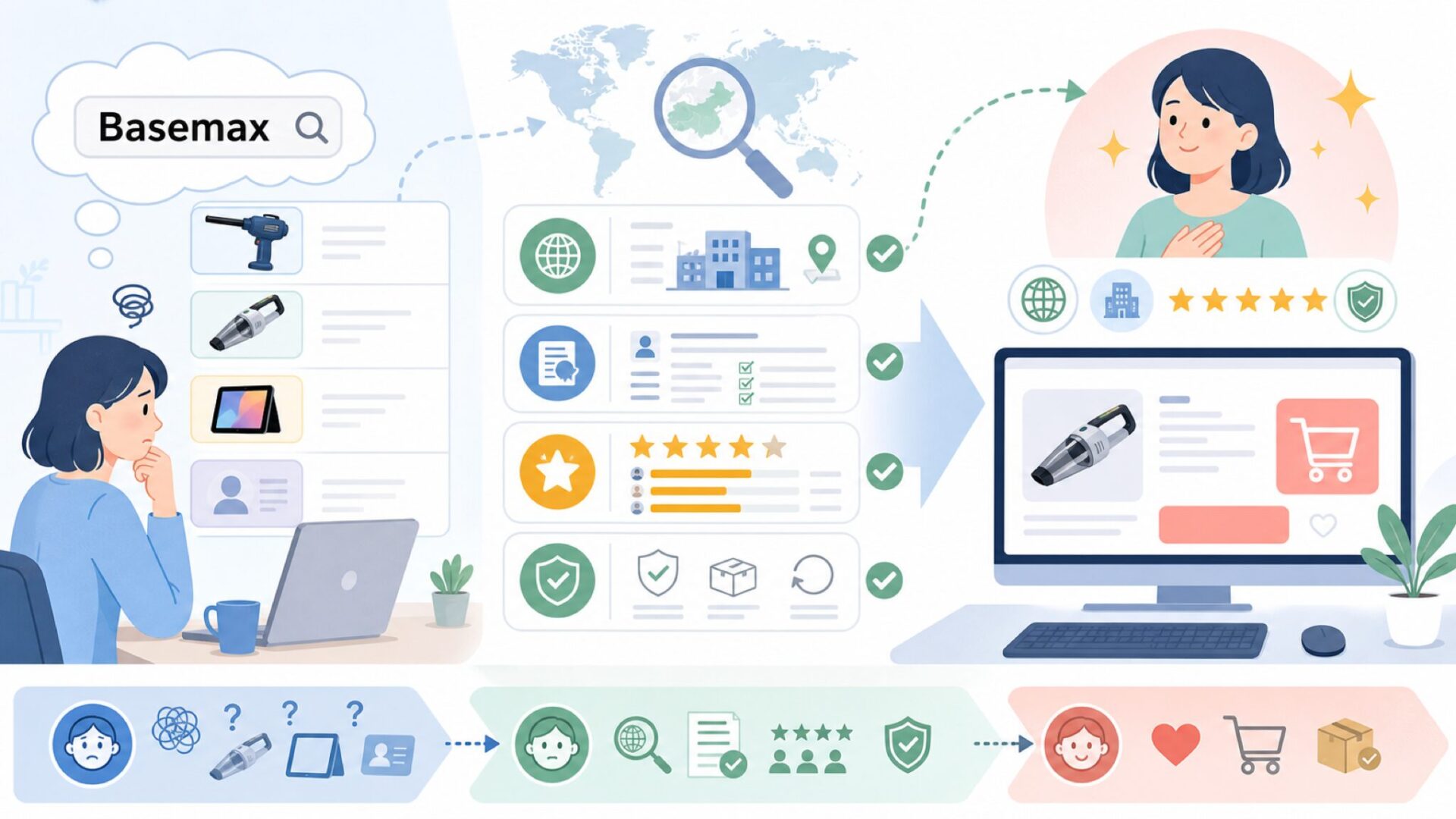 Basemaxはどこの国?プロフィール・評価・安全性を一挙確認の要点を表すイラスト