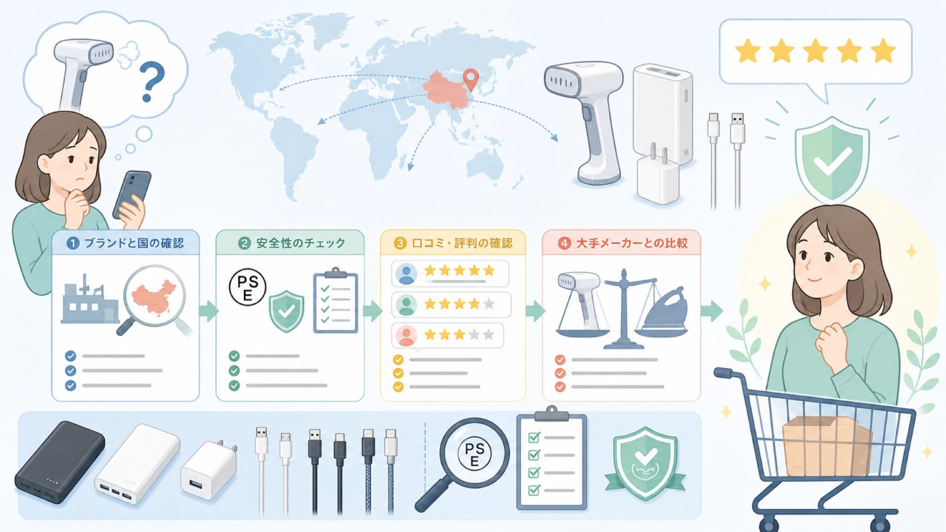 eueはどこの国のブランド？中国製OEMの実態と安全性を解説の要点を表すイラスト