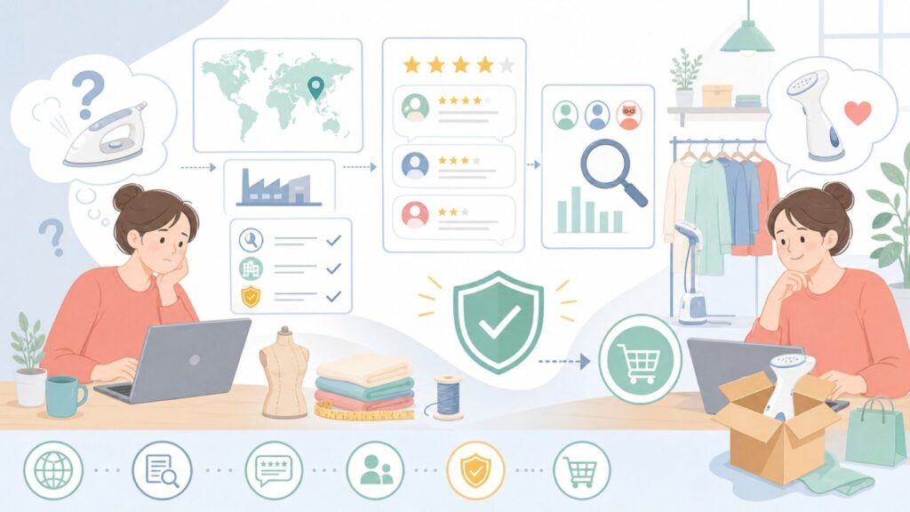 CPWORLDはどこの国？スチームアイロンの口コミを徹底検証の要点を表すイラスト
