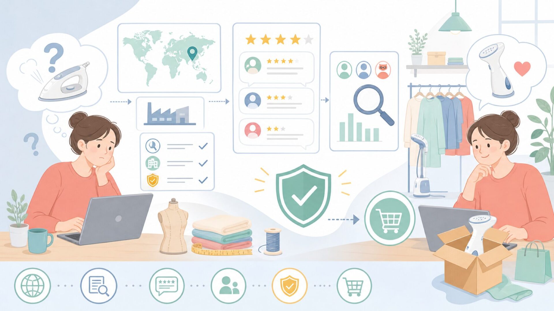 CPWORLDはどこの国？スチームアイロンの口コミを徹底検証の要点を表すイラスト