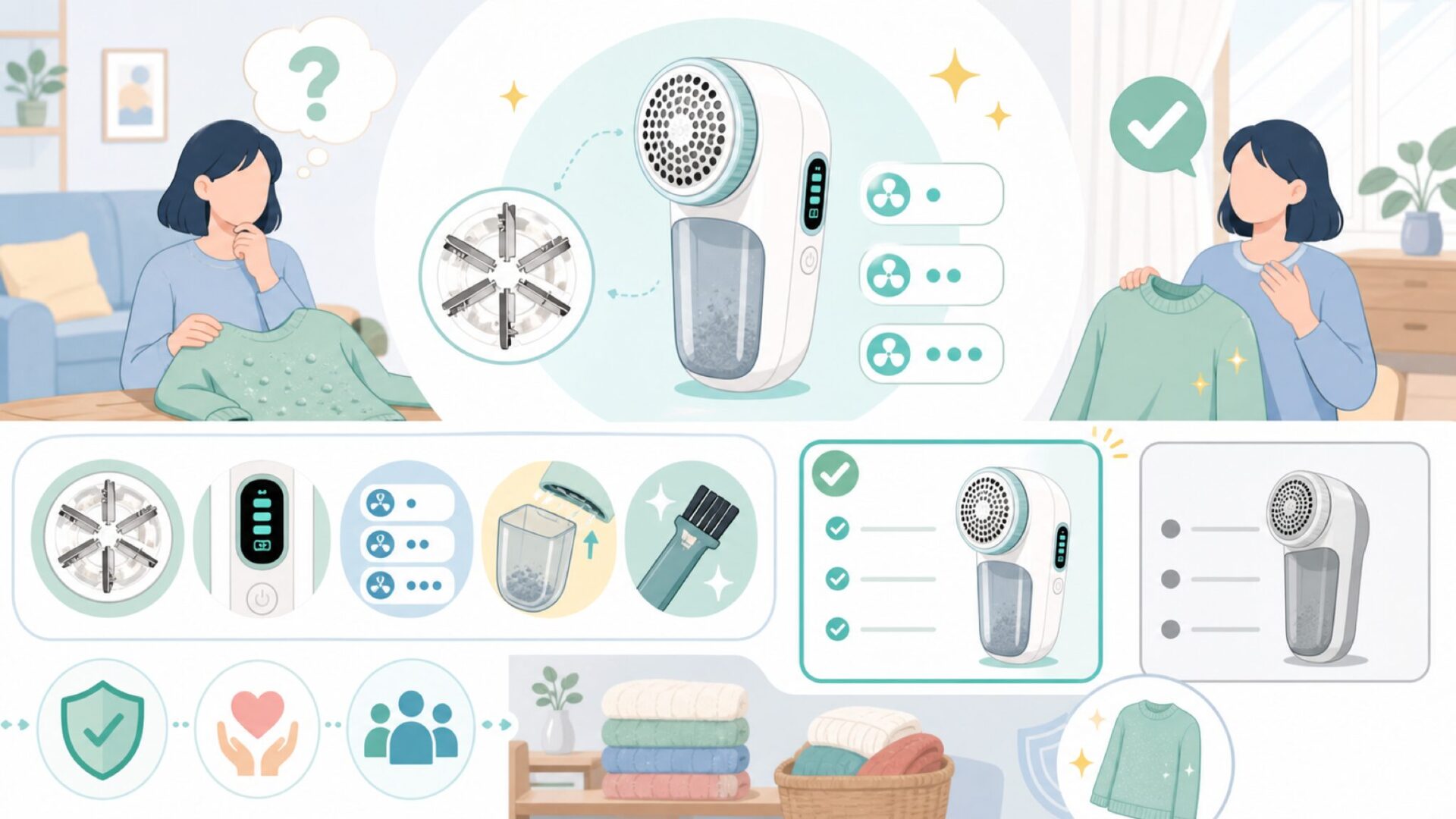 Sunytreeの毛玉取り器の商品概要とスペックを確認を表すイラスト