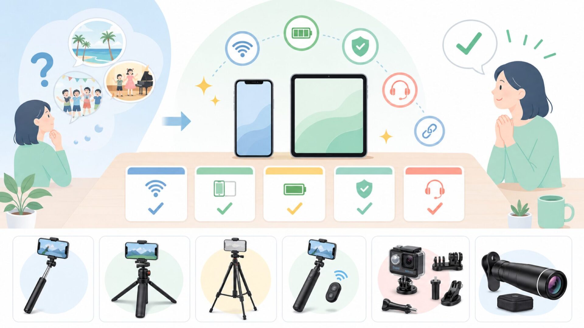 ActyGoの商品ラインナップ(自撮り棒・スマホ三脚・周辺アクセサリー)を表すイラスト