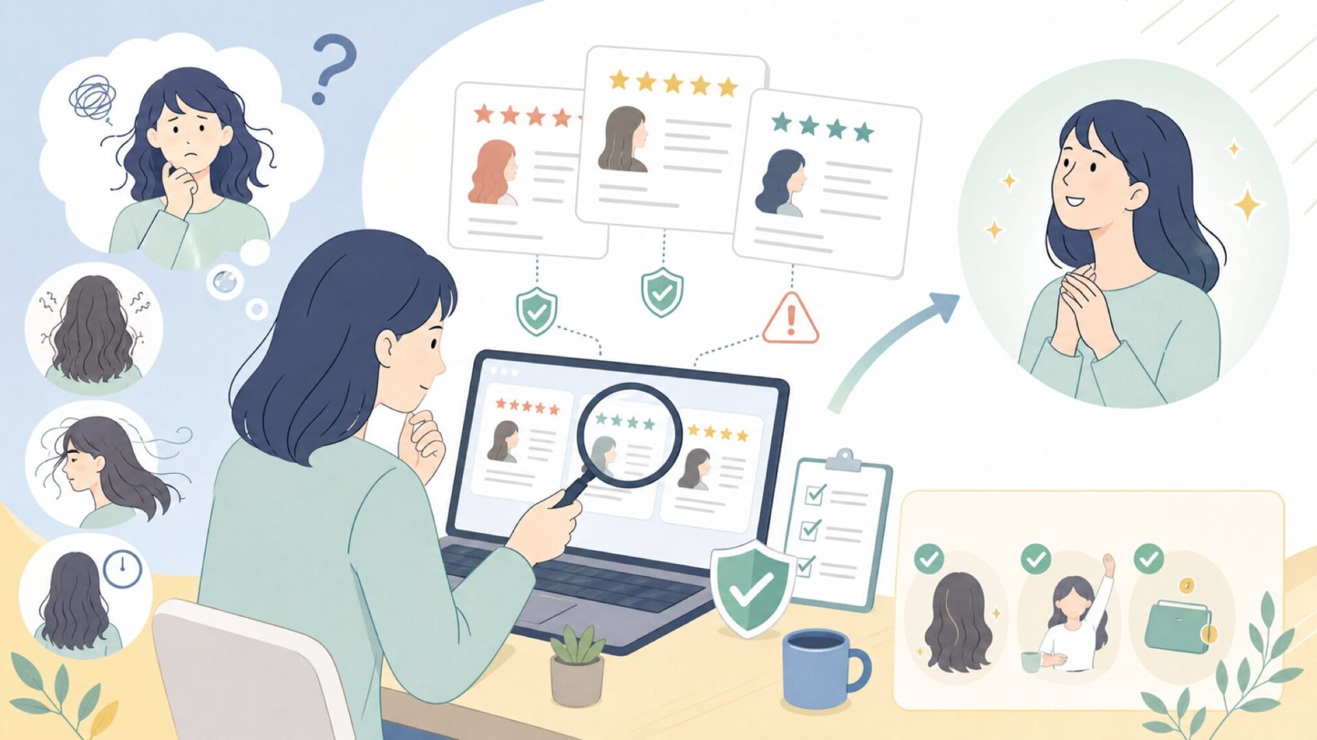 こんな髪の悩みがあるならUR.SALONをチェックを表すイラスト