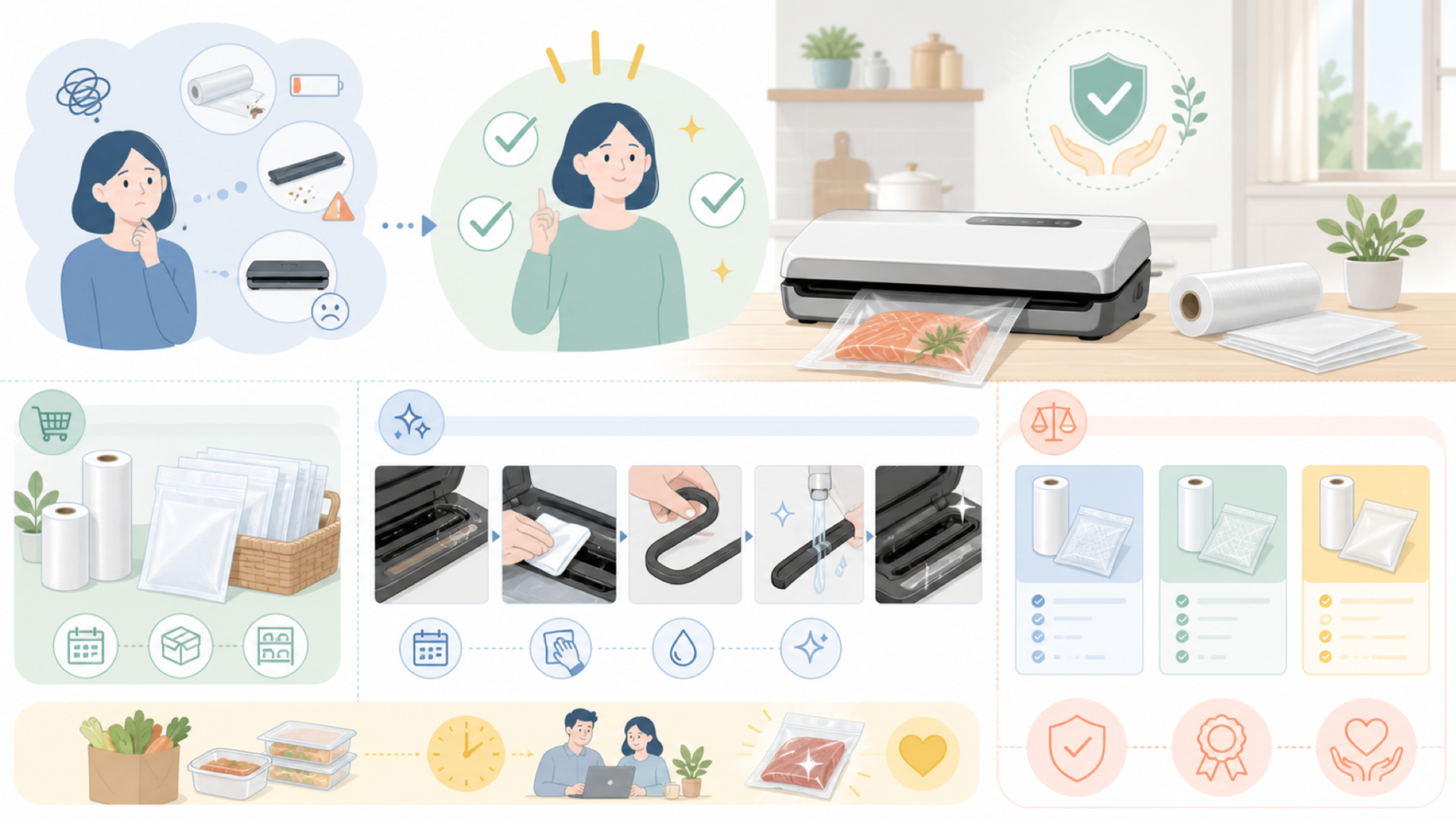 真空パック機を長く使うための消耗品・お手入れの基礎知識を表すイラスト