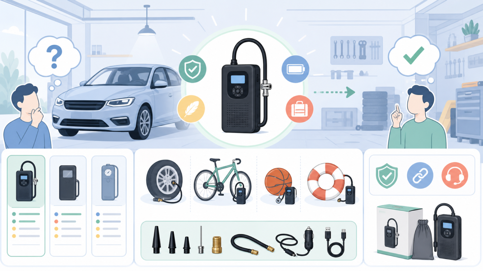 Guvaofの電動空気入れとはどんな商品？基本情報を確認を表すイラスト